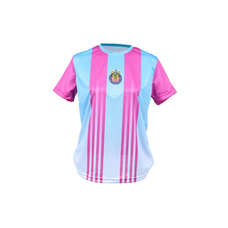 PLAYERA MUJER RAYAS VERTICALES ROSAS ESCUDO CHIVAS