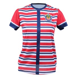 PLAYERA MUJER ROJA RAYAS HORIZONTALES ESCUDO CHIVAS