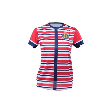 PLAYERA MUJER ROJA RAYAS HORIZONTALES ESCUDO CHIVAS