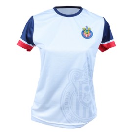 PLAYERA MUJER BLANCA MANGAS COMBINADAS MARCA DE AGUA ESCUDO CHIVAS