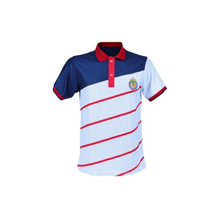 POLO BLANCA COMBINADA CON AZUL RAYAS DIAGONALES ESCUDO CHIVAS