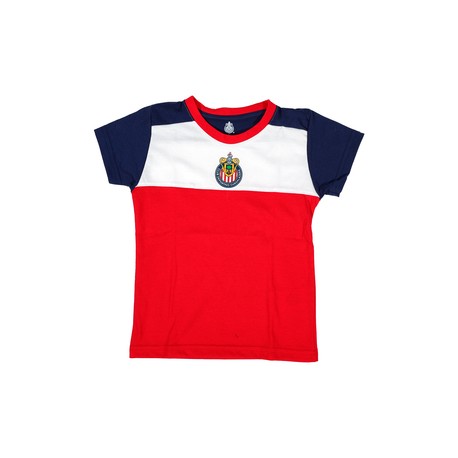 PLAYERA NIÑOS TRICOLOR MANGAS AZULES ESCUDO CHIVAS