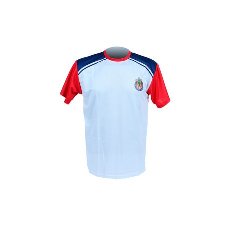 PLAYERA BLANCA HOMBROS AZUL Y MANGAS ROJAS ESCUDO CHIVAS