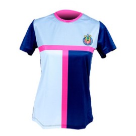 PLAYERA MUJER BLANCA MANGAS AZULES Y VIVOS ROSA ESCUDO CHIVAS