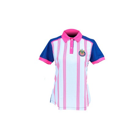 PLAYERA POLO MUJER RAYAS ROSA ESCUDO CHIVAS