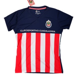 PLAYERA MUJER CUELLO V COMBINADA AZUL Y RAYAS ESCUDO CHIVAS