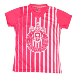 PLAYERA MUJER CUELLO V RAYAS ROSA ESCUDO MONOCROMÁTICO CHIVAS