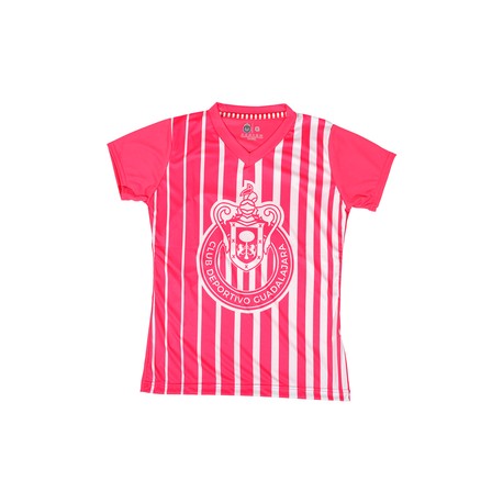 PLAYERA MUJER CUELLO V RAYAS ROSA ESCUDO MONOCROMÁTICO CHIVAS