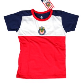 PLAYERA BEBÉS TRICOLOR MANGAS AZULES ESCUDO CHIVAS