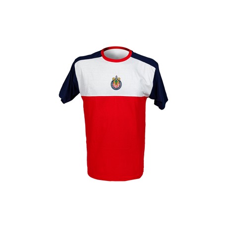 PLAYERA TRICOLOR MANGAS AZULES ESCUDO CHIVAS