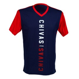 PLAYERA CUELLO V COMBINADA AZUL Y ROJO TEXTO CHIVAS