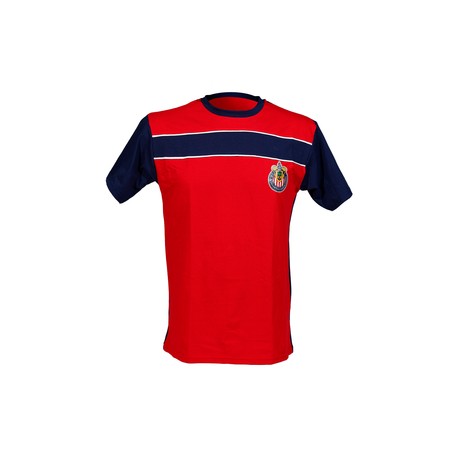 PLAYERA COMBINADA ROJA Y AZUL FRANJA Y ESCUDO CHIVAS