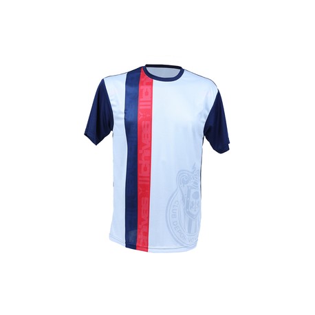 PLAYERA BLANCA MANGAS AZULES 2 RAYAS ESCUDO MARCA AGUA CHIVAS